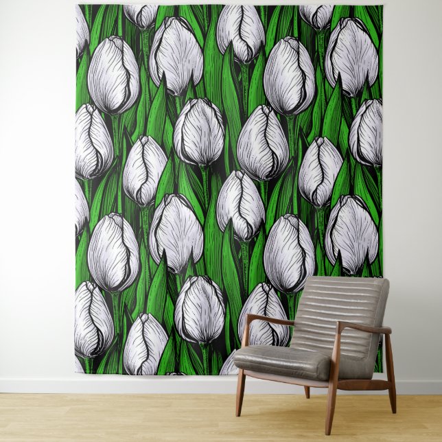 White tulips with green leaves tapestry (In Situ)
