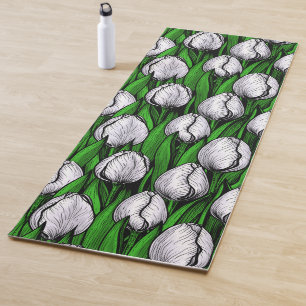White tulips with green leaves yoga mat