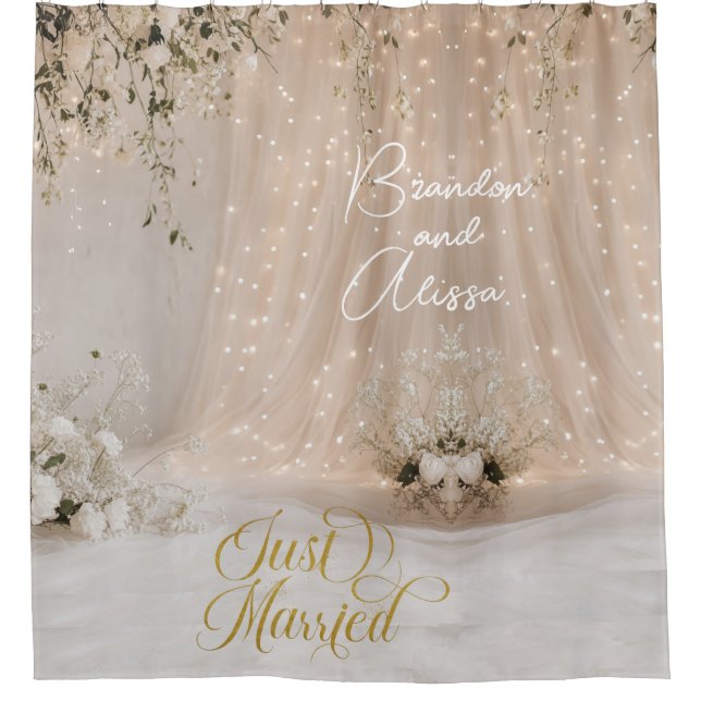 White Tulle Floral Wedding Back Drop Shower Curtain (Front)