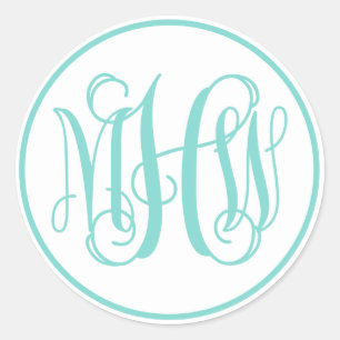 White Turq Aqua Vine Script Monogram, DIY BG Classic Round Sticker
