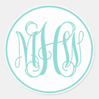 White Turq Aqua Vine Script Monogram, DIY BG Classic Round Sticker