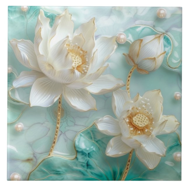 White Turquoise Aquamarine Gold Lotus Lily Flower Ceramic Tile (Front)