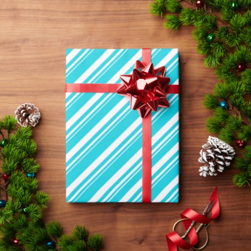 White Turquoise Blue Candy Cane Stripe Holiday Wrapping Paper