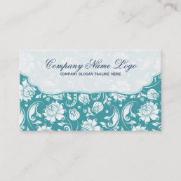White &amp; Turquoise Blue Elegant Floral Damask Business Card