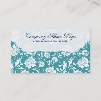 White & Turquoise Blue Elegant Floral Damask Business Card by artOnWear at Zazzle