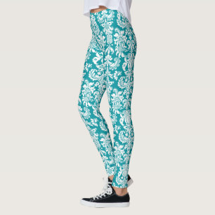 White & Turquoise-Blue Floral Damasks Leggings