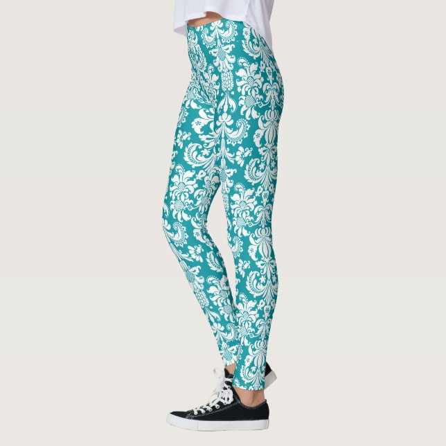 White & Turquoise-Blue Floral Damasks Leggings (Left)