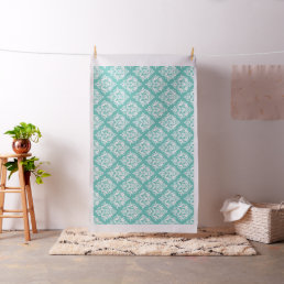 White &amp; Turquoise Floral Damask Geometric Pattern Fabric