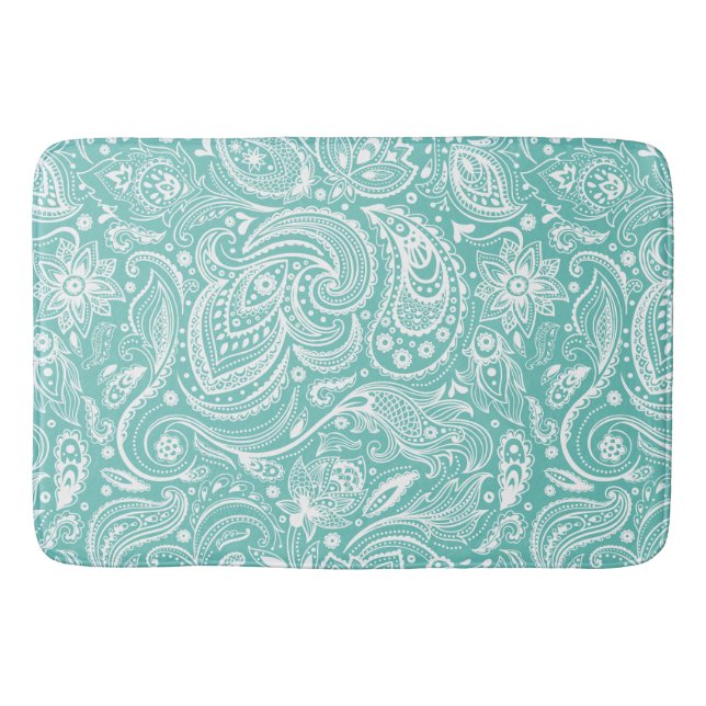 White & Turquoise Floral Paisley Lace Pattern Bath Mat (Front)