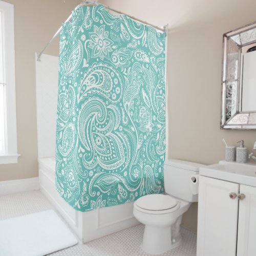 White  Turquoise Floral Paisley Lace Pattern Shower Curtain