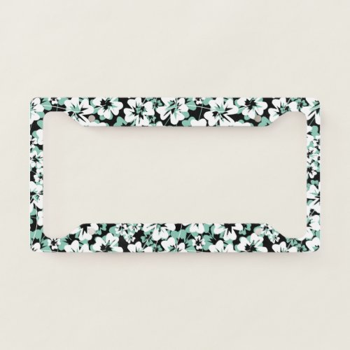 White turquoise flowers on black  license plate frame