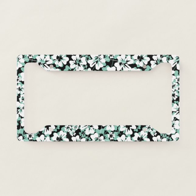 White, turquoise flowers on black.  license plate frame (Front)