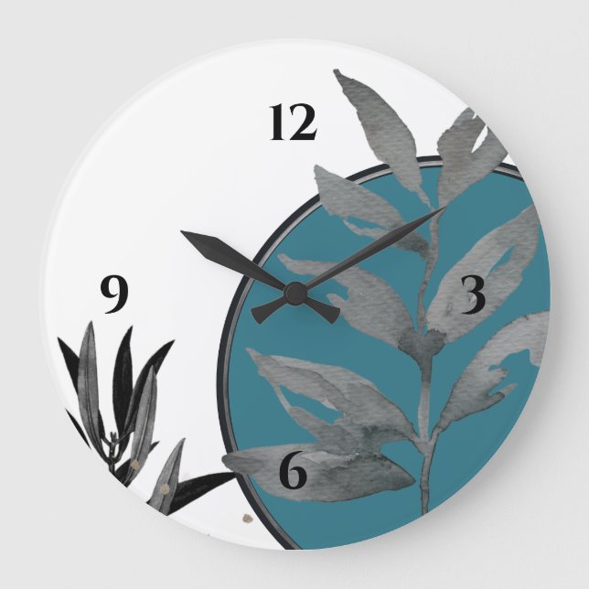White Turquoise & Gray Artistic Watercolor Leaves Large Clock (Front)