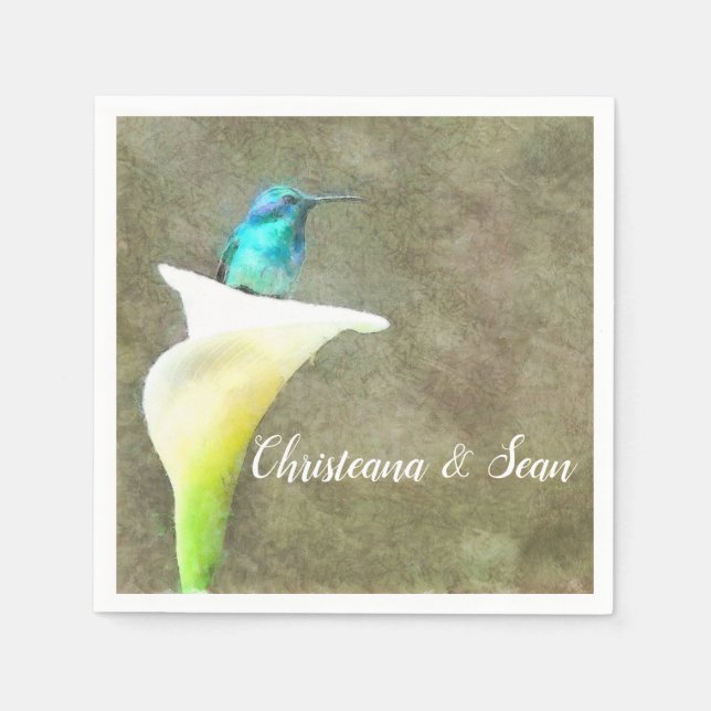 White Turquoise Hummingbird Lily Floral Watercolor Napkins (Front)