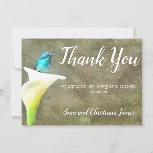 White Turquoise Hummingbird Lily Floral Watercolor Thank You Card