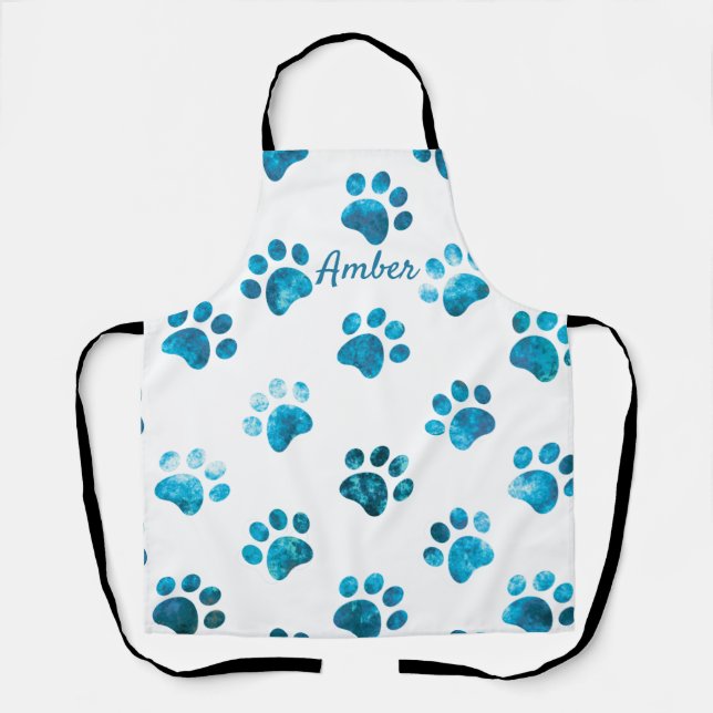 White Turquoise Textured Paw Print Personalized Apron (Front)