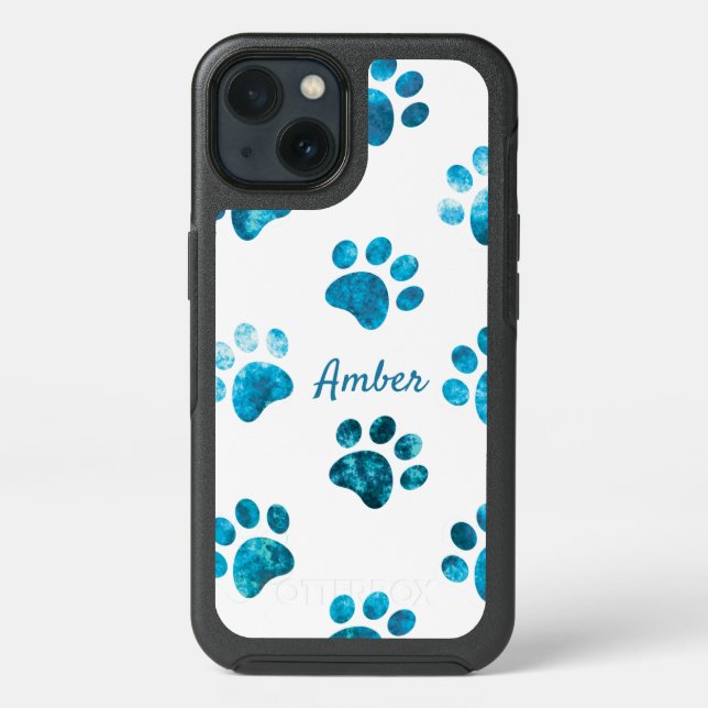 White Turquoise Textured Paw Print Personalized Otterbox iPhone Case (Back)