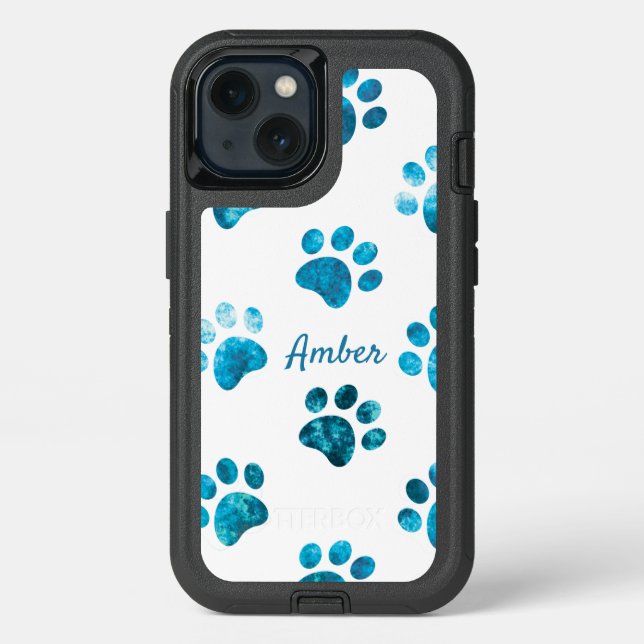 White Turquoise Textured Paw Print Personalized Otterbox iPhone Case (Back)