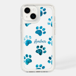 White Turquoise Textured Paw Print Personalized Speck iPhone 14 Case