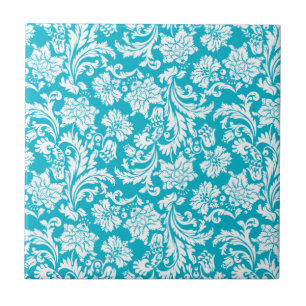 White & Turquoise Vintage Floral Damasks Ceramic Tile
