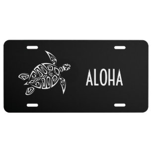 White Turtle And Aloha Text On Black Background License Plate