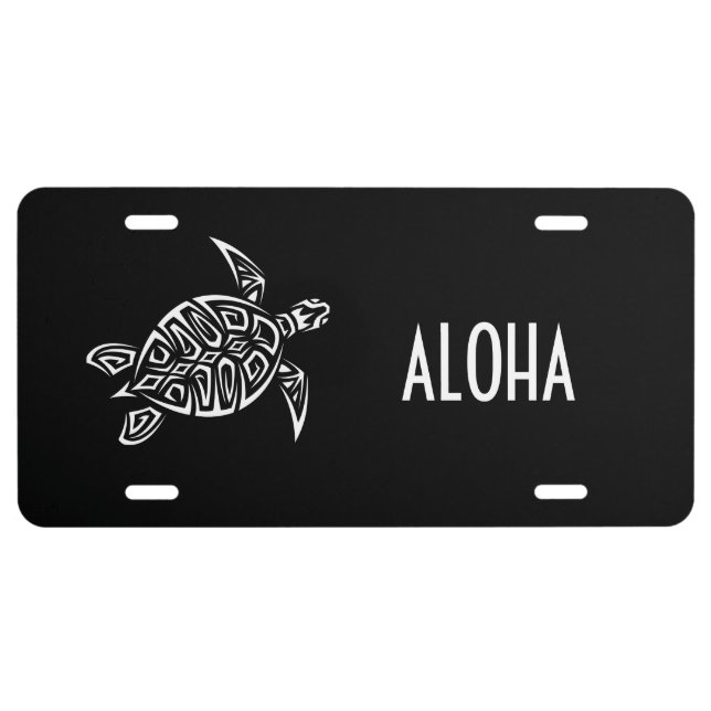 White Turtle And Aloha Text On Black Background License Plate (Front)