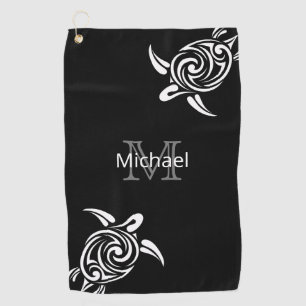 White Turtle Black Background Coastal Monogram Golf Towel