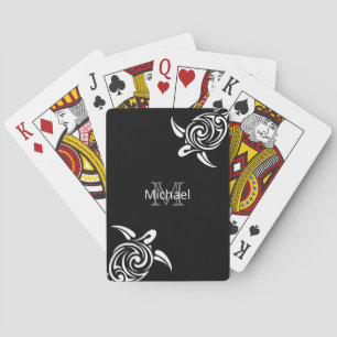 White Turtle Black Background Coastal Monogram Poker Cards