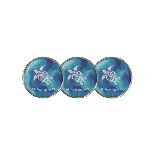White Turtle Blue Ocean | Coastal Add Name Golf Ball Marker (3 Up)