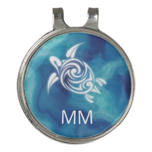 White Turtle Blue Ocean   Coastal Add Name Golf Hat Clip