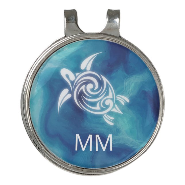 White Turtle Blue Ocean | Coastal Add Name Golf Hat Clip (Front)