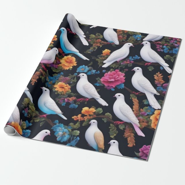 White Turtle Doves Artifice Style Wrapping Paper (Unrolled)