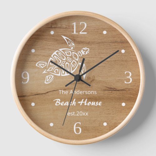 White Turtle Faux Wood Background Rustic Name Clock