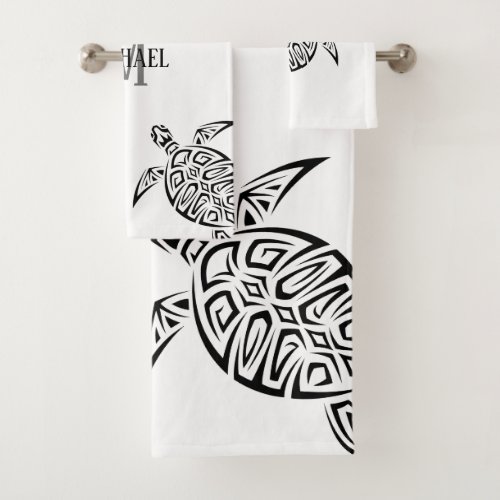 White Turtle Tribal Black Background Monogram  Bea Bath Towel Set