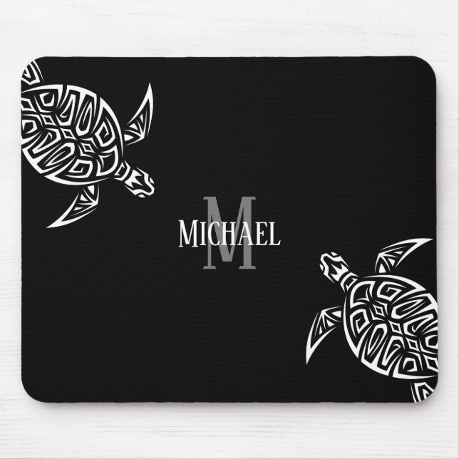White Turtle Tribal Black Background Monogram Mouse Pad (Front)