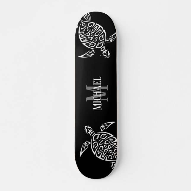 White Turtle Tribal Black Background Monogram   Skateboard (Front)