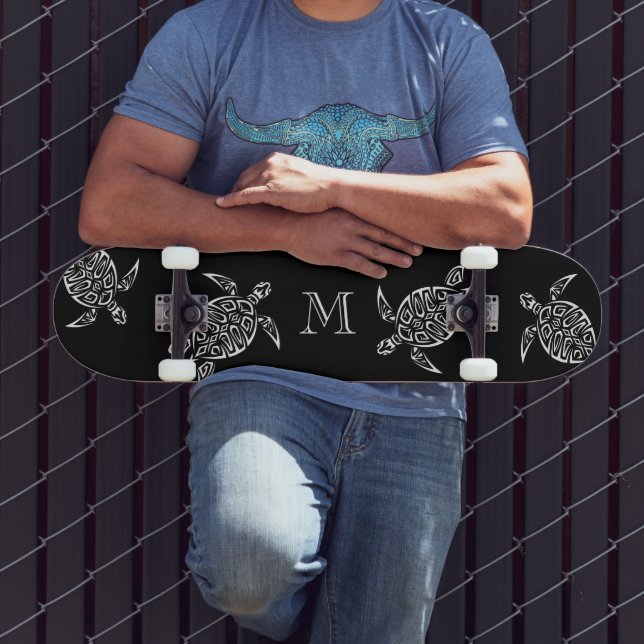 White Turtle Tribal Black Background Monogram   Skateboard (Outdoor 3)