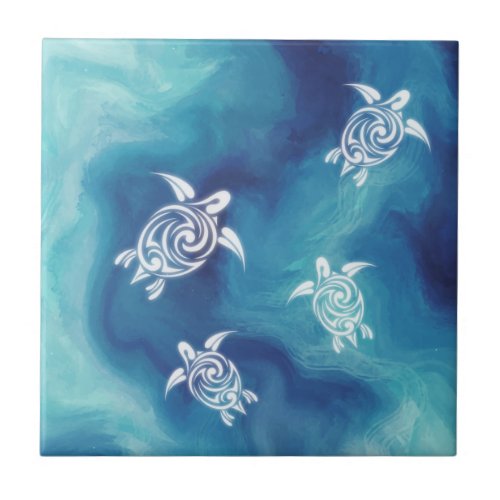 White Turtles Blue Ocean Watercolor Coastal Ceramic Tile