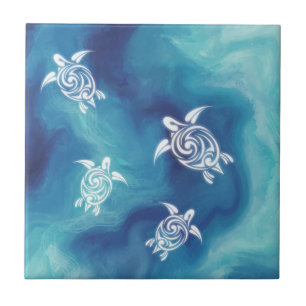 White Turtles Blue Ocean Watercolor Coastal Ceramic Tile