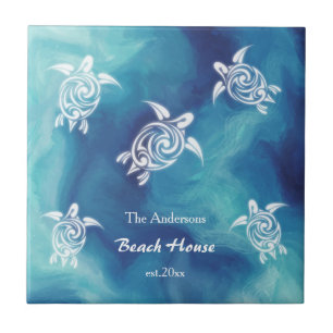 White Turtles Blue Ocean Watercolor Coastal Text Ceramic Tile