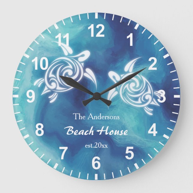 White Turtles Blue Ocean Watercolor Coastal Text  Large Clock (Front)