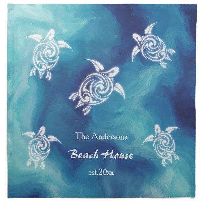 White Turtles Blue Ocean Watercolor Custom Text Cloth Napkin (Front)