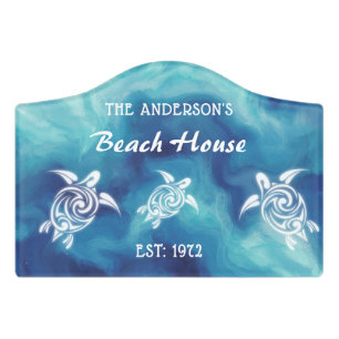 White Turtles Blue Ocean Watercolor Custom Text Door Sign