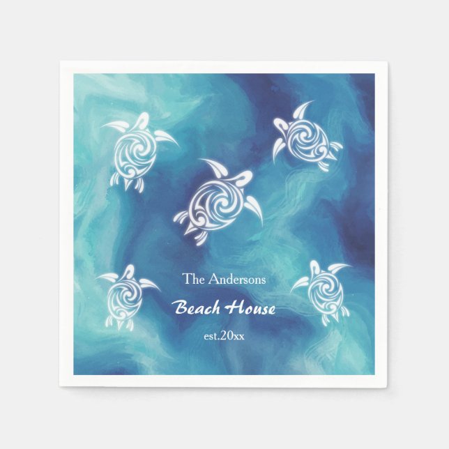 White Turtles Blue Ocean Watercolor Custom Text Napkins (Front)