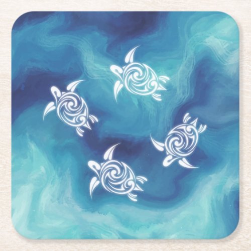 White Turtles Blue Ocean Watercolor Square Paper Coaster