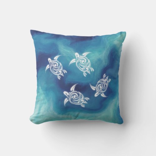 White Turtles Blue Ocean Watercolor Throw Pillow