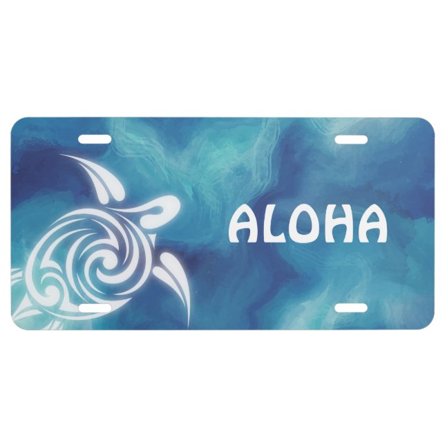 White Turtles  Blue Watercolor Aloha License Plate (Front)