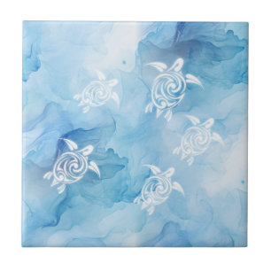 White Turtles Blue  Watercolor Coastal Ceramic Tile
