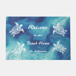 White Turtles Blue Watercolor Family Name Coastal Doormat