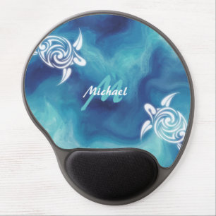 White Turtles Blue Watercolor Your Name Coastal Gel Mouse Pad